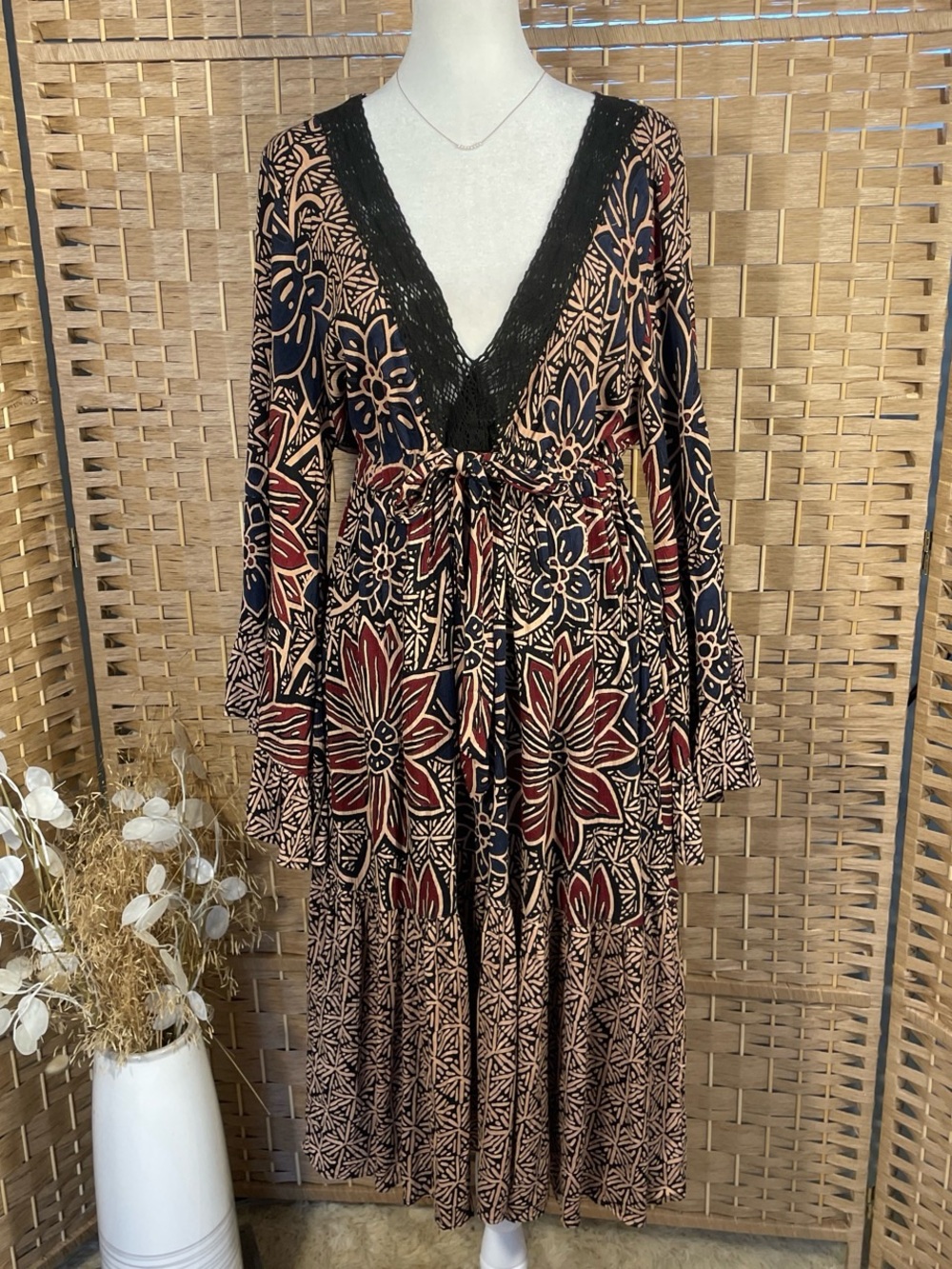 Bell Sleeve Boho Floral Midi Dress Fall Vibes
